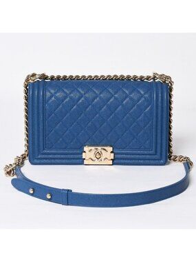 Chanel Boy 25 Chain Shoulder Bag CC Logo Caviar Leather Blue